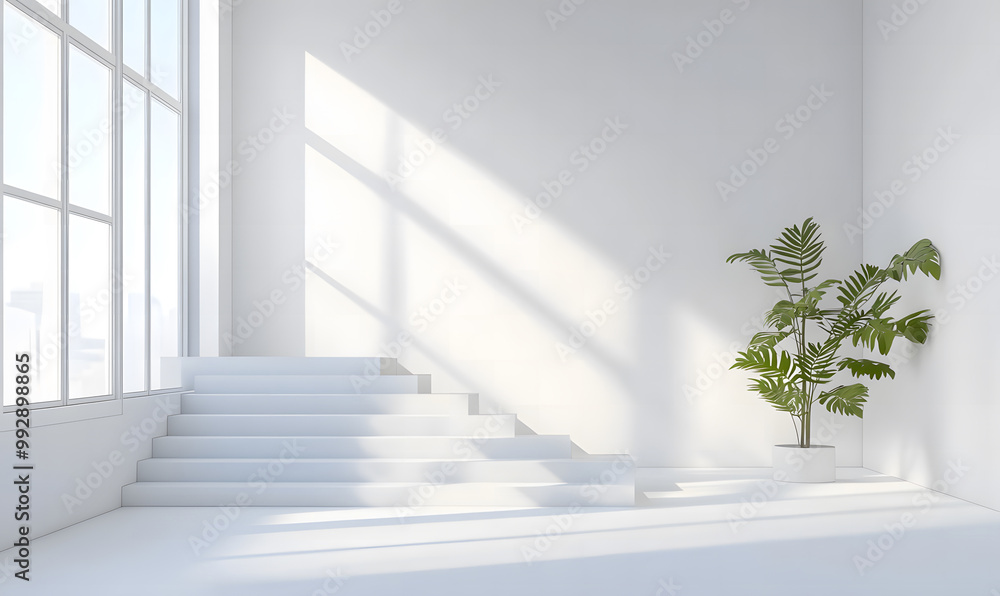 Obraz premium Modern Minimalist Interior with Large Windows and Staircase Design