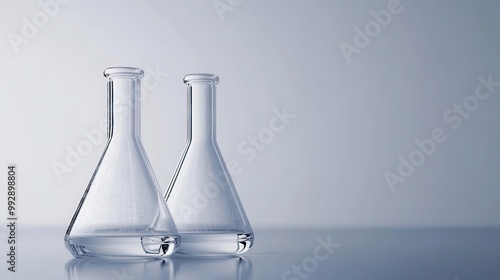 Clear glass laboratory flasks sit on a reflective surface under soft lighting, creating a clean and minimalist aesthetic during laboratory work