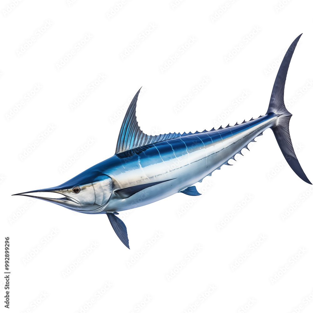 Blue Marlin Fish With Sleek Metallic Appearance Isolated On White Background Blue Marlin Fish With Sleek Metallic Appearance Isolated On White Background