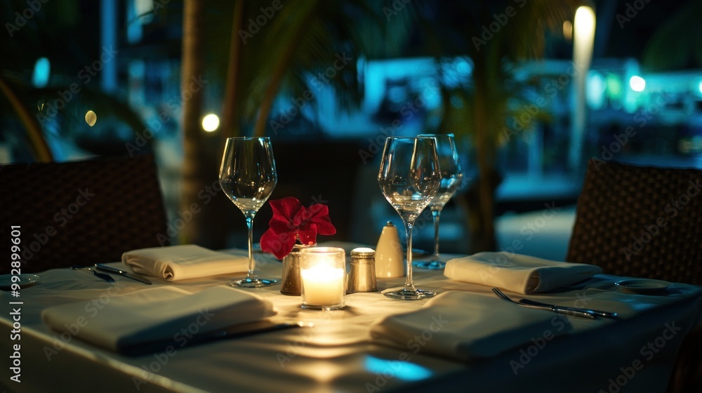 A romantic dining setup with candles and flowers, creating an intimate atmosphere. A romantic dining setup with candles and flowers, creating an intimate atmosphere.
