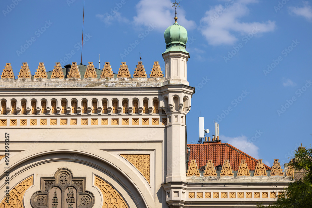 Facade of Spanish Synagogue, tablet with the ten commandments, Prague, Czech Republic