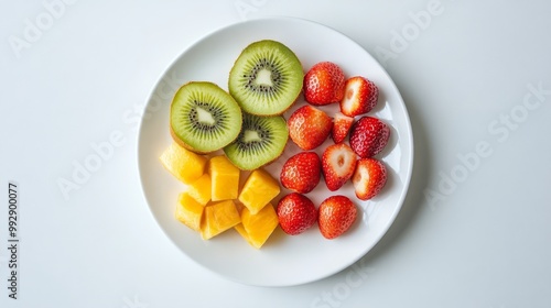 A plate featuring fresh fruits: sliced kiwi, chunks of mango, and whole strawberries, arranged neatly on a white background. photo