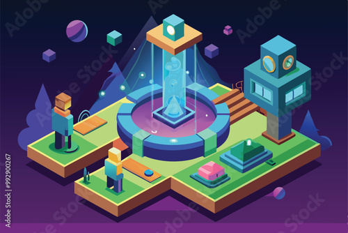 A colorful illustration features a teleportation device surrounded by characters and geometric patterns, Customizable isometric illustration of teleportation.