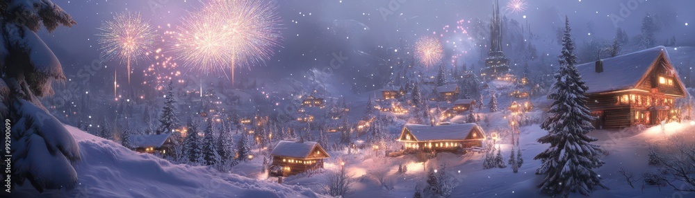 A high-tech winter village covered in snow, with holographic fireworks lighting up the night. The snow-covered rooftops glow in the soft luminescence of the fireworks A high-tech winter village covered in snow, with holographic fireworks lighting up the night. The snow-covered rooftops glow in the soft luminescence of the fireworks