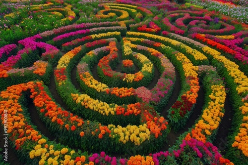 Fototapeta Naklejka Na Ścianę i Meble -  Blooming maze: Creative shapes made of colorful flowers