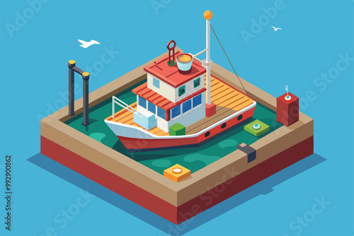 A detailed isometric illustration showcases a trawl fishing boat at a dock surrounded by calm waters, Customizable isometric illustration of trawl fishing.