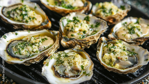Grilled oysters topped with garlic and herbs create delicious and savory dish. rich flavors and smoky aroma make this platter enticing choice for seafood lovers