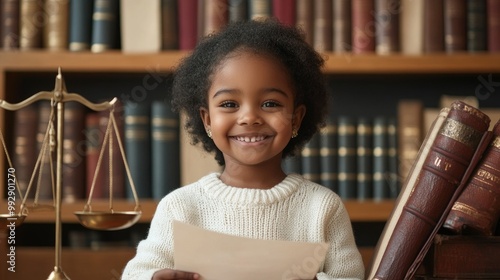 Cute dark skinned child smiling and holding court paper on table scales photo