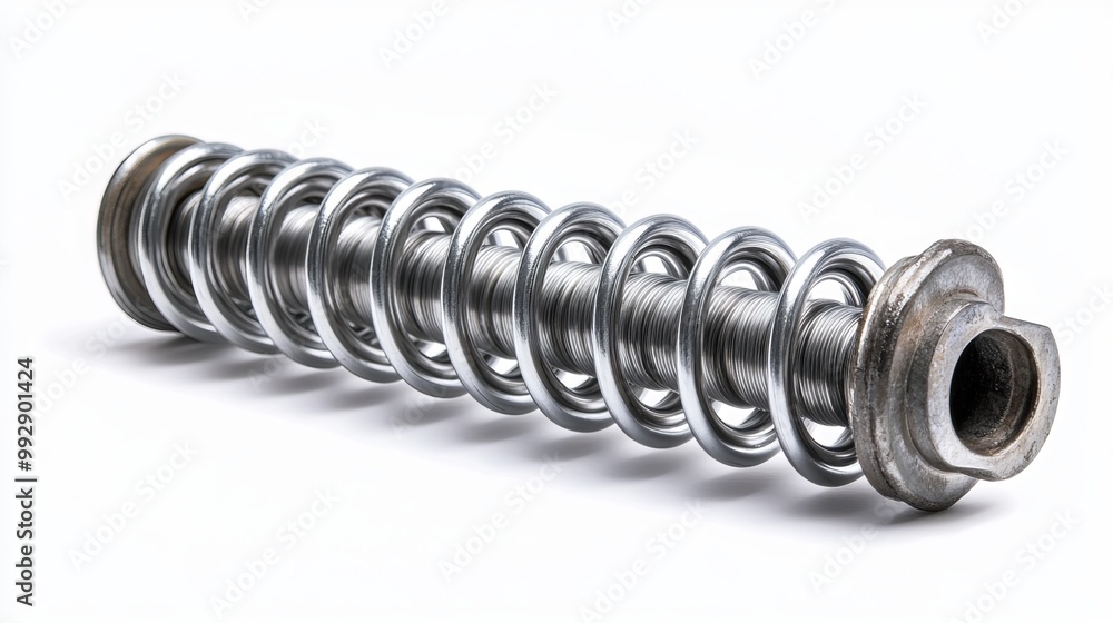 Automotive suspension spring, a large metal spring used as a car spare part, isolated on a white background. This cushioning spring is essential for the vehicle's suspension system Automotive suspension spring, a large metal spring used as a car spare part, isolated on a white background. This cushioning spring is essential for the vehicle's suspension system