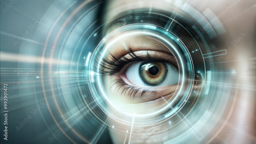 Eye with Digital HUD Display, Biometric Technology in Sci-Fi Style Eye with Digital HUD Display, Biometric Technology in Sci-Fi Style