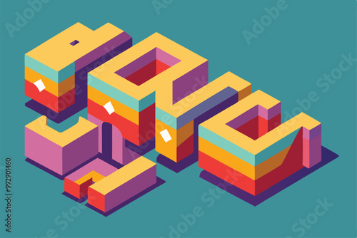 A colorful, isometric design features uniquely shaped vowels arranged in a striking geometric layout, Customizable Isometric Illustration of Vowels