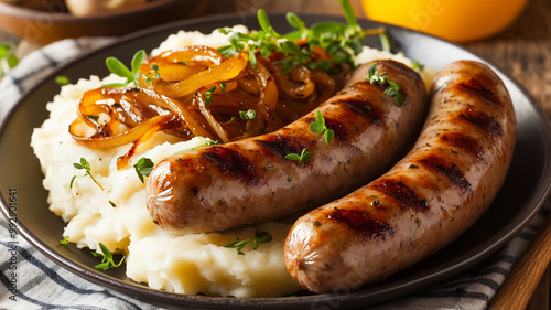 Delicious grilled pork sausages served with creamy mashed potatoes and caramelized onions create comforting and hearty meal. dish is garnished with fresh herbs for added flavor photo