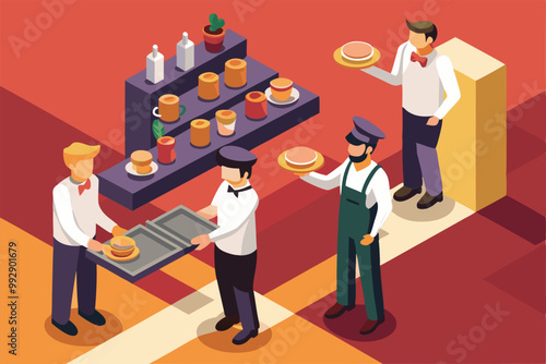 Waiters in a colorful restaurant are serving plates of food and managing supplies at a counter, Customizable isometric illustration of waiters.