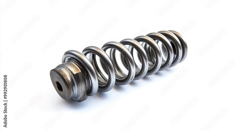 Automotive suspension spring, a large metal spring used as a car spare part, isolated on a white background. This cushioning spring is essential for the vehicle's suspension system Automotive suspension spring, a large metal spring used as a car spare part, isolated on a white background. This cushioning spring is essential for the vehicle's suspension system
