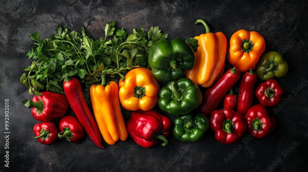 Fresh Colorful Peppers and Herbs Display Fresh Colorful Peppers and Herbs Display