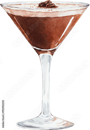 Watercolor vector espresso martini illustration. Alcohol long drink clipart. Glass of cocktail. Club shake beverage hand drawn illustration. Stock print.