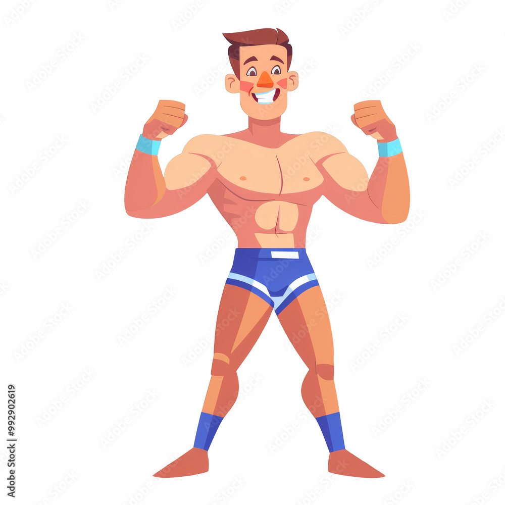 A muscular man with a confident smile, flexing his biceps, wearing blue underwear and wristbands, standing with his legs apart. A muscular man with a confident smile, flexing his biceps, wearing blue underwear and wristbands, standing with his legs apart.