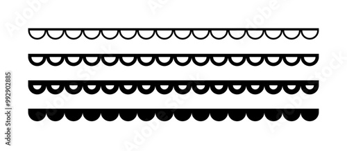 Scalloped edge seamless strokes set. Simple scalloped border. Fabric laces silhouette. Repeat cute vintage frill ornament. Texture ribbons. Vector illustration isolated on white background.