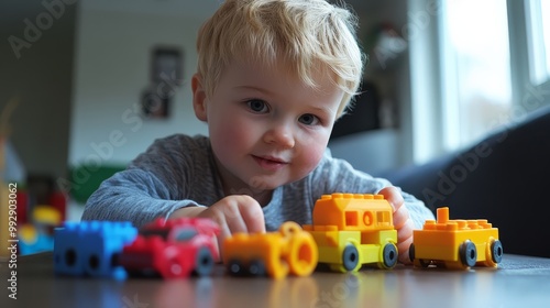A young child playing with colorful toy cars and trains at home, smiling and enjoying the moment.