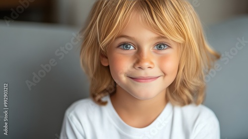 A joyful young child smiles brightly, showcasing playful innocence in a softly lit indoor setting during a calm afternoon