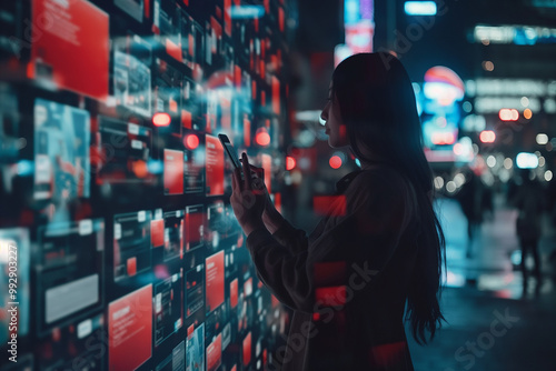 Woman Exploring Digital Information Wall in City at Night