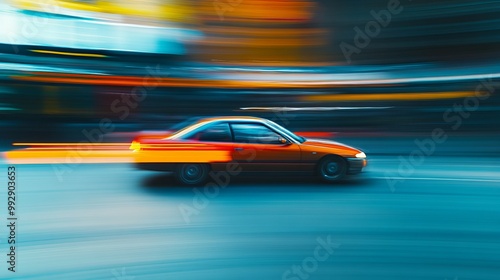 Blurred image of a fast-moving car captured during motion, creating an abstract sense of speed and movement. 