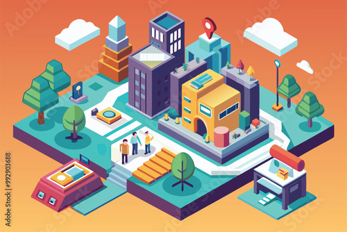 A lively urban environment showcases varied buildings, people interacting, and lush greenery in a sunny setting, Customizable Isometric Illustration request accepted.