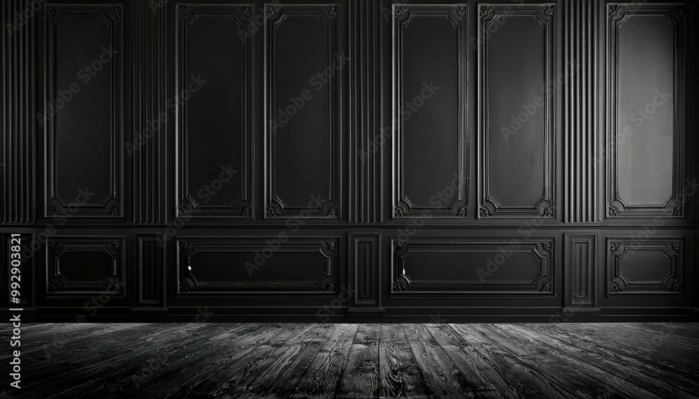 black empty room with classic wall panels frames. Studio mockup with dark modern luxury design. frame on the wall black empty room with classic wall panels frames. Studio mockup with dark modern luxury design. frame on the wall