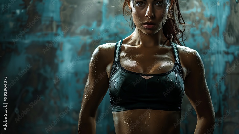 Obraz premium Powerful and confident muscular woman in sports attire, embodying strength, fitness, and determination