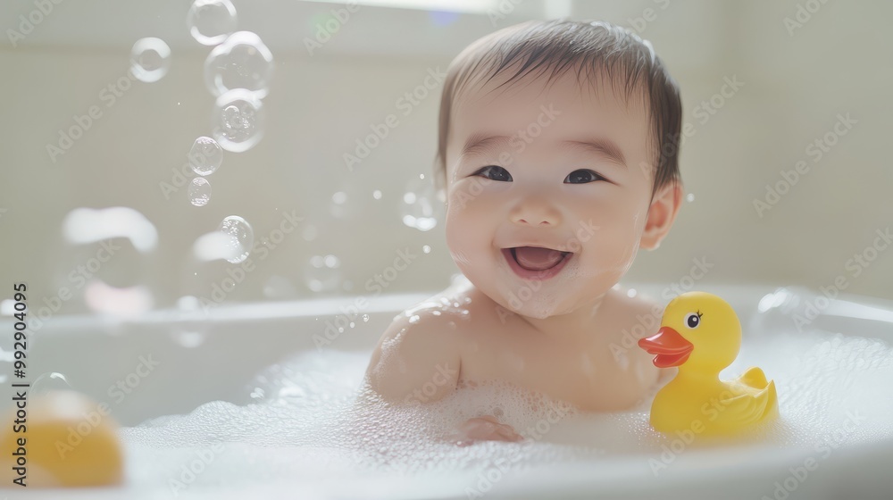 Adorable baby smiling during bath time surrounded by bubbles with a yellow rubber ducky for fun and playful moments. Adorable baby smiling during bath time surrounded by bubbles with a yellow rubber ducky for fun and playful moments.