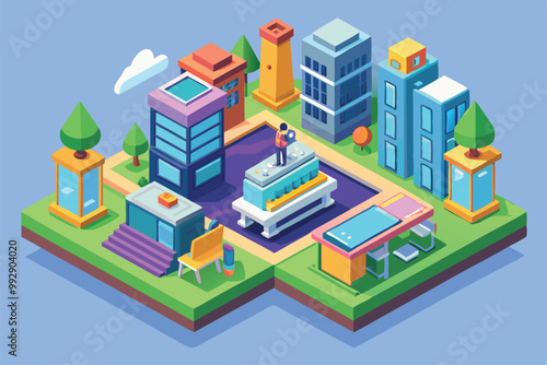 A construction worker oversees building progress on a rooftop amidst colorful isometric buildings in a city, Customizable Isometric Illustration request accepted.