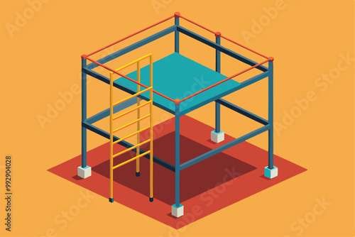 A scaffold features an elevated platform with a ladder on the side, colorful and highly customizable design, Customizable isometric illustration scaffold