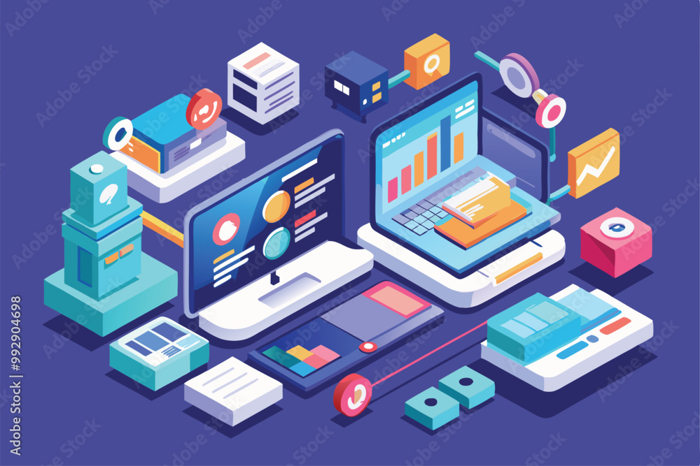 An isometric illustration features various digital tools, graphs, and devices illustrating modern workspace dynamics, Customizable Isometric Illustration for Art An isometric illustration features various digital tools, graphs, and devices illustrating modern workspace dynamics, Customizable Isometric Illustration for Art