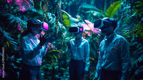 Fototapeta Naklejka Na Ścianę i Meble -  A corporate team building exercise in a virtual reality jungle