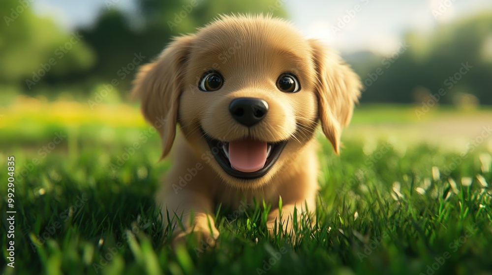 A playful golden retriever puppy smiling joyfully in a grassy field. A playful golden retriever puppy smiling joyfully in a grassy field.