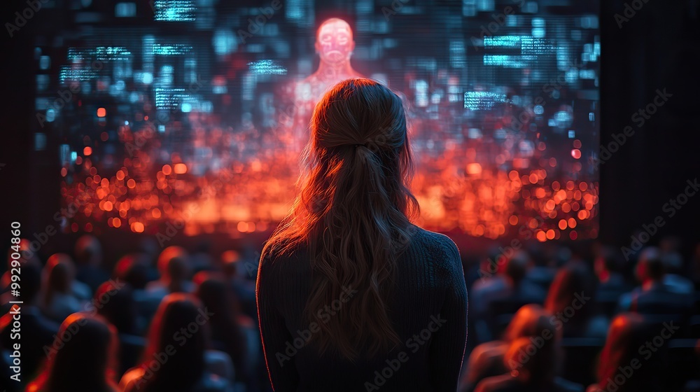 A woman delivers a speech on economics and finance at a futuristic conference, with holograms and technology-enhanced visuals in the auditorium. A woman delivers a speech on economics and finance at a futuristic conference, with holograms and technology-enhanced visuals in the auditorium.