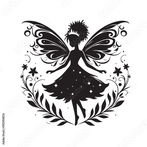 Beautiful Black girl fairy illustration vector silhouette full black color 