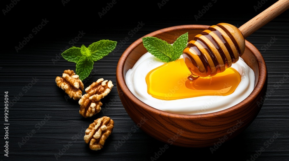 Honey Drizzle on Yogurt with Walnuts and Mint Leaves:  A close-up of a wooden bowl filled with creamy yogurt drizzled with golden honey, adorned with fresh mint leaves and walnuts.