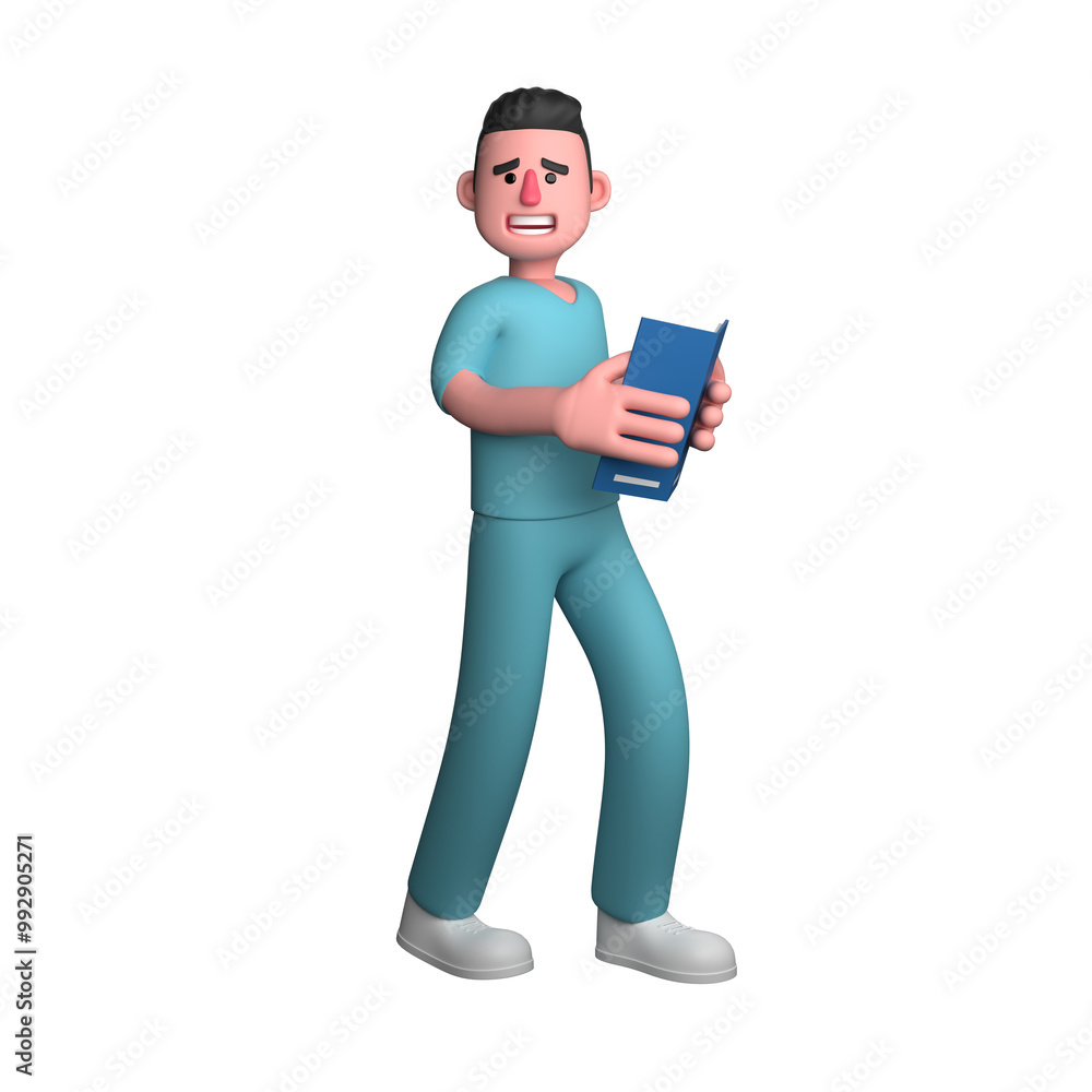 Professional Male Nurse. A male nurse is walking with both hands holding an open document as if he is reading the document. 3D Healthcare Illustration Professional Male Nurse. A male nurse is walking with both hands holding an open document as if he is reading the document. 3D Healthcare Illustration