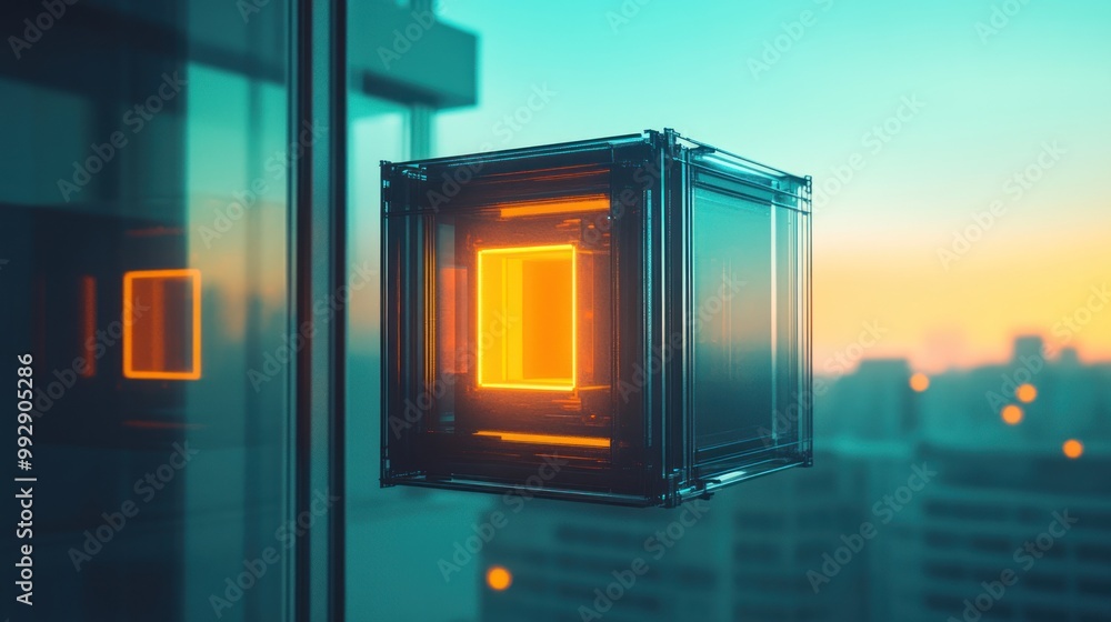 A glowing cube suspended in a modern urban setting at sunset. A glowing cube suspended in a modern urban setting at sunset.