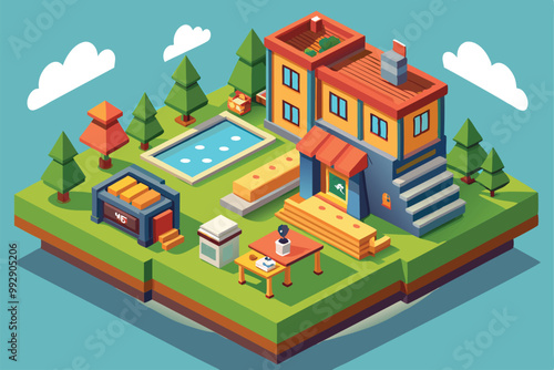 A vibrant backyard features a swimming pool, trees, and furniture, ideal for relaxation and recreation, Customizable Isometric Illustration Stay