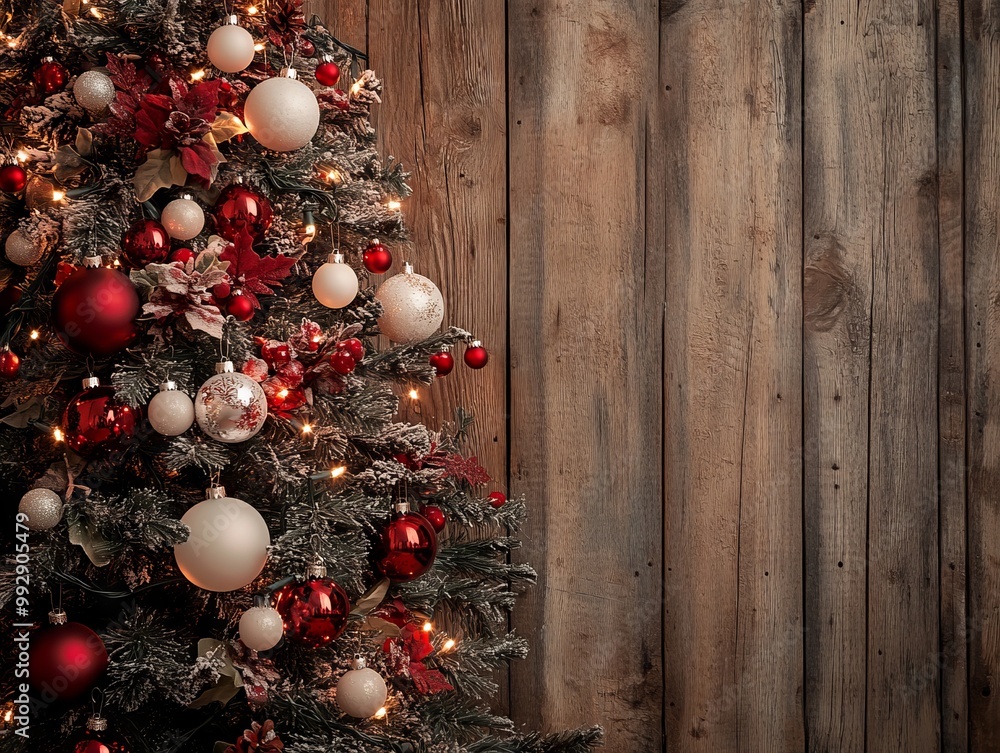 2408 6.A rustic Christmas scene with a beautifully decorated tree featuring red and white baubles and twinkling lights, set against an old wooden background. The contrast between the festive 2408 6.A rustic Christmas scene with a beautifully decorated tree featuring red and white baubles and twinkling lights, set against an old wooden background. The contrast between the festive