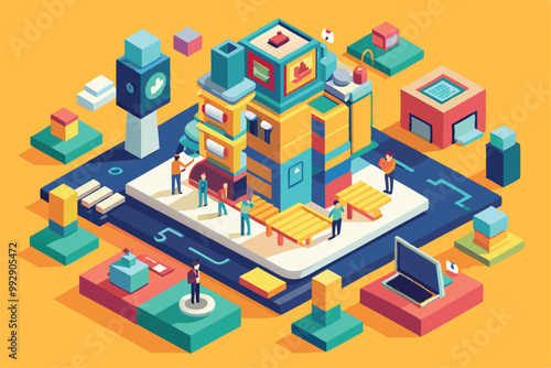 This illustration features a vibrant urban setting with people interacting around structures and technology, Customizable Isometric Illustration Synced