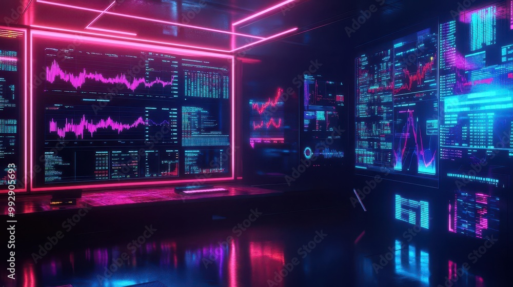 A sleek financial dashboard in a neon-lit futuristic trading room, analyzing global market trends with holographic graphs and data streams A sleek financial dashboard in a neon-lit futuristic trading room, analyzing global market trends with holographic graphs and data streams