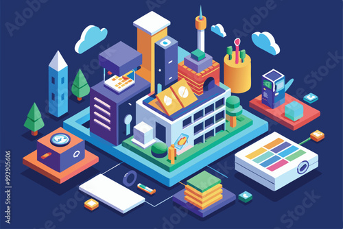 A lively city layout showcases various buildings, trees, and interactive elements highlighting urban life, Customizable Isometric Illustration Task