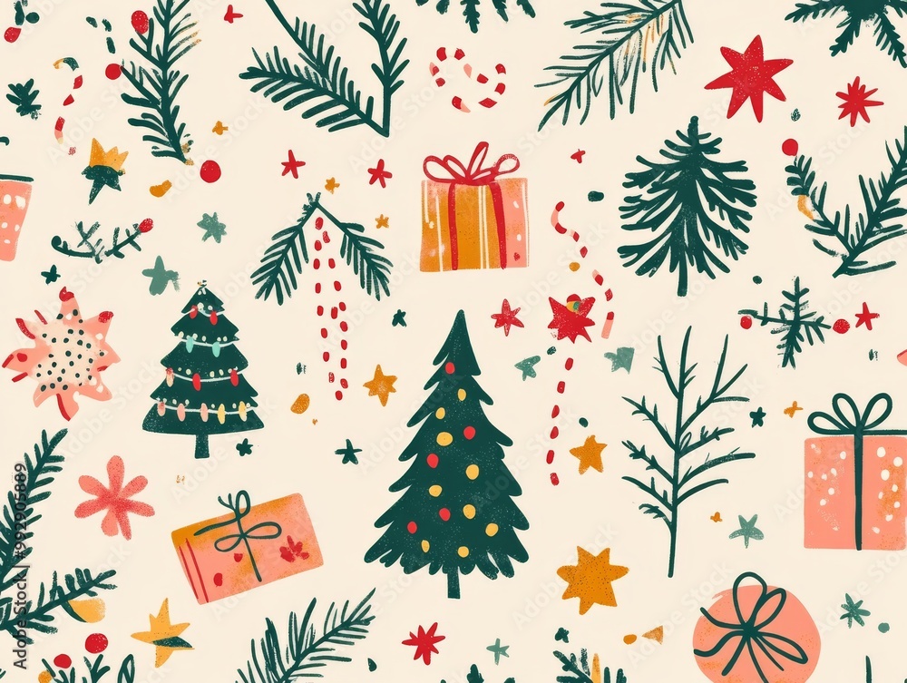 2408 12.A Christmas pattern filled with holiday icons like Christmas trees, presents, garlands, stars, and twigs, all illustrated in a cute Memphis boho style. The hand-drawn elements are arranged in 2408 12.A Christmas pattern filled with holiday icons like Christmas trees, presents, garlands, stars, and twigs, all illustrated in a cute Memphis boho style. The hand-drawn elements are arranged in
