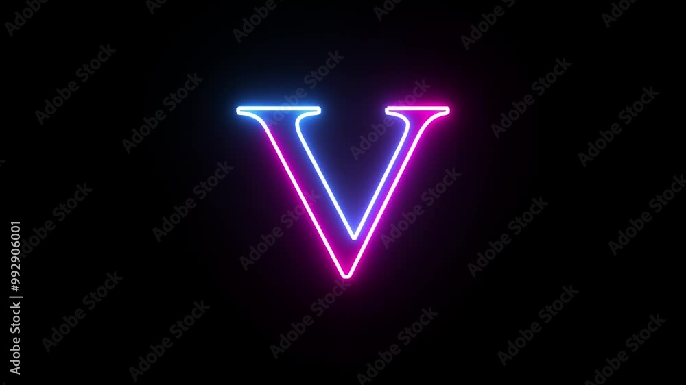 Glowing neon capital letter alphabet V animation. Purple and blue neon font letter Glowing neon capital letter alphabet V animation. Purple and blue neon font letter