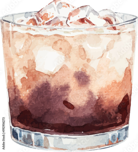 Watercolor vector White Russian illustration. Alcohol long drink clipart. Glass of cocktail. Club shake beverage hand drawn illustration. Stock print.