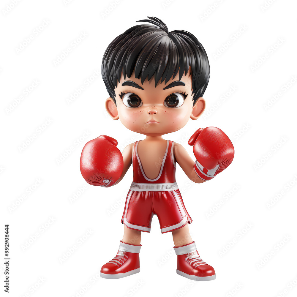 A 3D cartoon illustration of a young boy wearing red boxing gloves and shorts, with a determined expression. A 3D cartoon illustration of a young boy wearing red boxing gloves and shorts, with a determined expression.