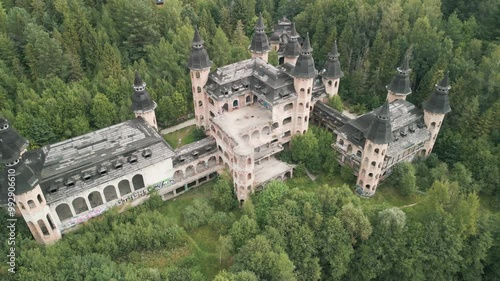Aerial view of Lapalice Castle near Rekowo Lake in Kashubia (Cassubia), Poland
